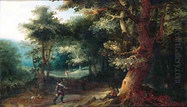 A sportsman and a traveller on a path in the wood Oil Painting by Gillis van Coninxloo