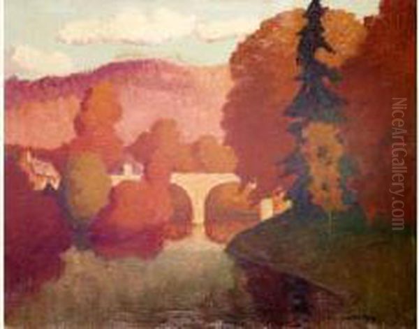 L'automne Au Pont Du Vey, Normandie, Circa 1930-40 Oil Painting by Lucien, Luc Leclercq