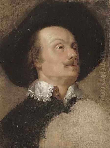 Portrait of a gentleman, bust-length, in a black hat Oil Painting by Gonzales Coques