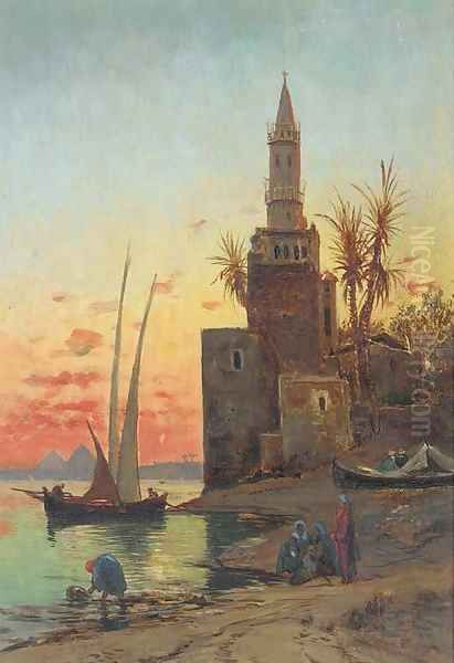 Sunset on the Nile, the Pyramids beyond Oil Painting by Hermann David Salomon Corrodi