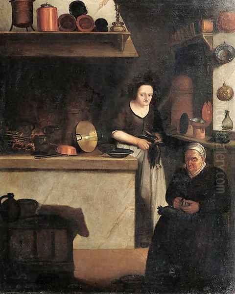 Maids at work in a kitchen Oil Painting by Johannes Cordua