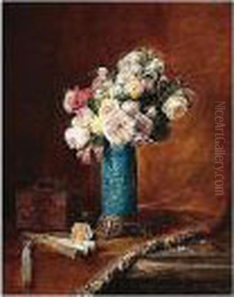 Still Life Of Roses Oil Painting by Victor Lecomte