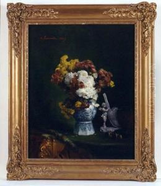 Bouquet De Fleurs Dans Un Vase- Oil Painting by Victor Lecomte