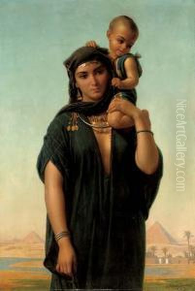 Mother And Child Before The Pyramids Oil Painting by Charles Emile Hippolyte Lecomte-Vernet