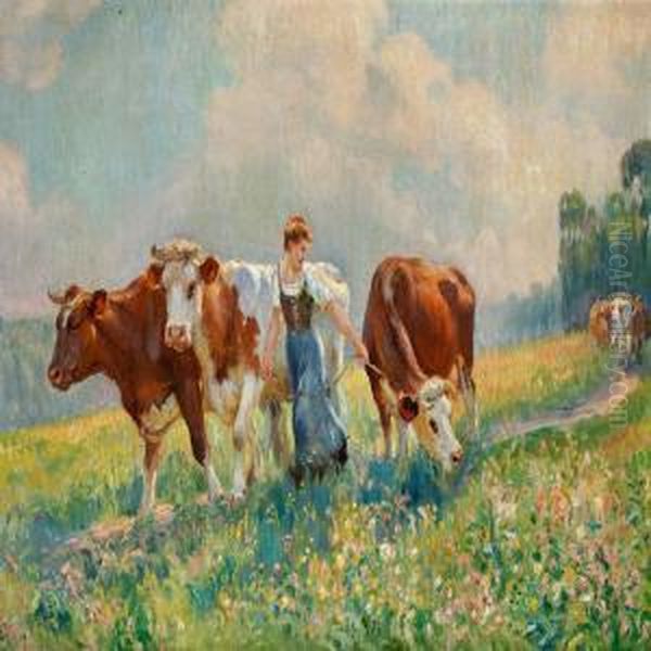 The Cows Are Being Brought Home For Milking Oil Painting by Raymond Louis Lecourt