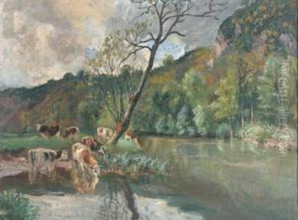 L'orne A La Roche A 
Bunel-calvados (pres Thury Harcourt) Landschaft Mit Kuhen Bei Der Tranke
 Am Ufer Oil Painting by Raymond Louis Lecourt