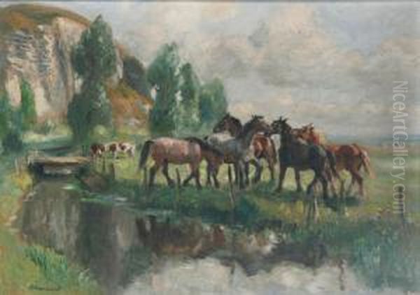 Landschaft In Der Normandie - Pferde Und Kuhe Auf Der Weide Neben Einem Wasserlauf Oil Painting by Raymond Louis Lecourt