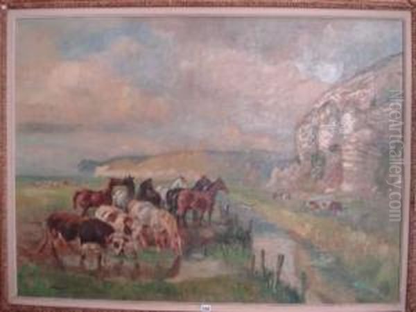 Paysage De Normandie Anime Oil Painting by Raymond Louis Lecourt