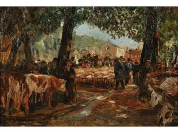 Marche Aux Bestiaux Au Pays De Caux Oil Painting by Raymond Louis Lecourt