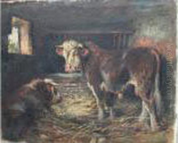 Vaches A L'etable Oil Painting by Raymond Louis Lecourt