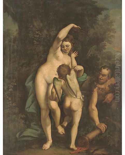 Venus and Cupid with a satyr Oil Painting by Luca Cambiaso