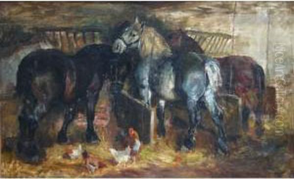 Chevaux A L'ecurie Oil Painting by Raymond Louis Lecourt