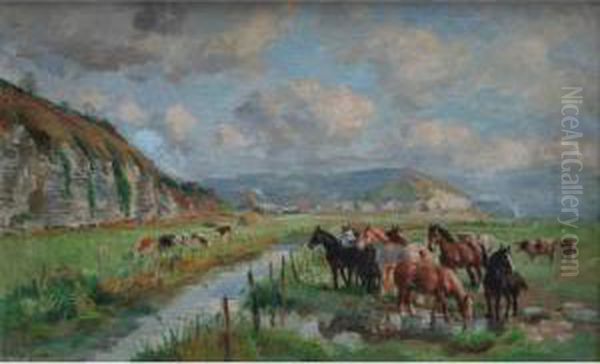 Chevaux Au Paturage Oil Painting by Raymond Louis Lecourt