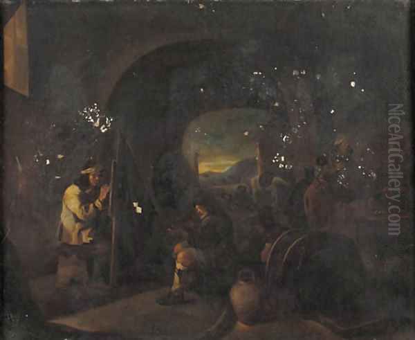 A painter at work in a grotto with shepherds and travellers nearby Oil Painting by Michelangelo Cerquozzi