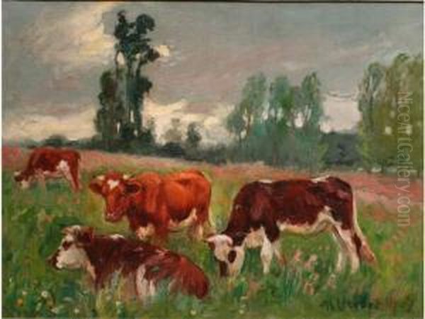 Vaches Dans Le Pre Oil Painting by Raymond Louis Lecourt