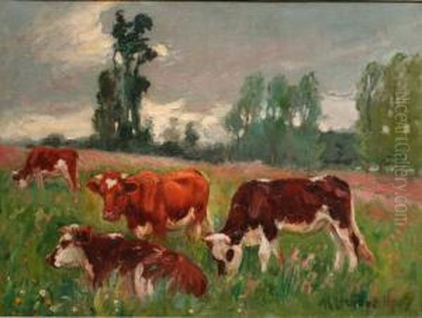 Vaches Dans Le Pre Oil Painting by Raymond Louis Lecourt