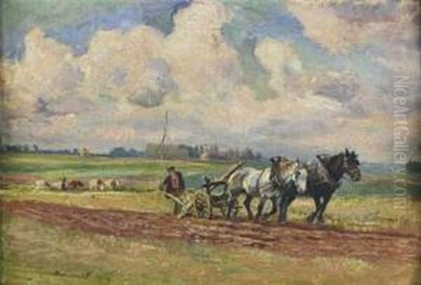 Scene De Labour En Pays De Caux Oil Painting by Raymond Louis Lecourt