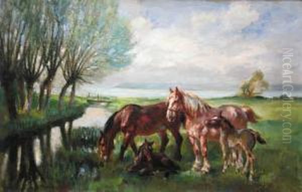 Chevaux Au Pre by Raymond Louis Lecourt