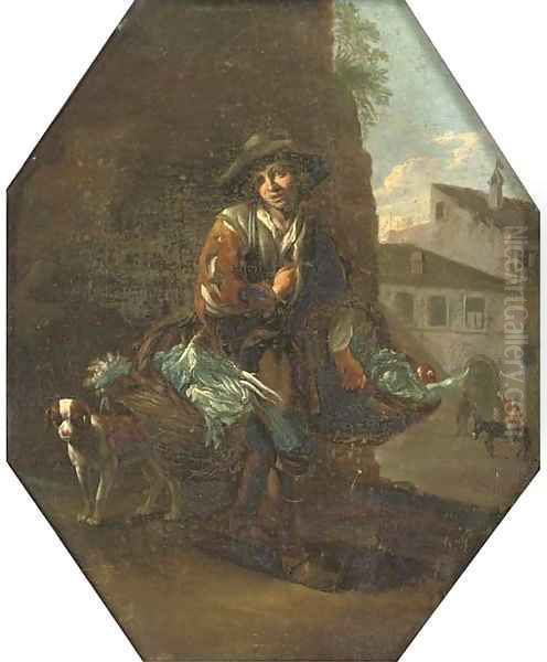 A vegetable seller with his dog, a town beyond Oil Painting by Michelangelo Cerquozzi