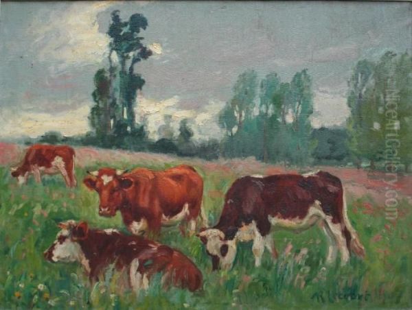 Vaches Dans Le Pre Oil Painting by Raymond Louis Lecourt