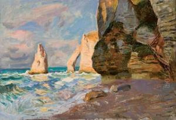 Les Falaises A Etretat Oil Painting by Raymond Louis Lecourt