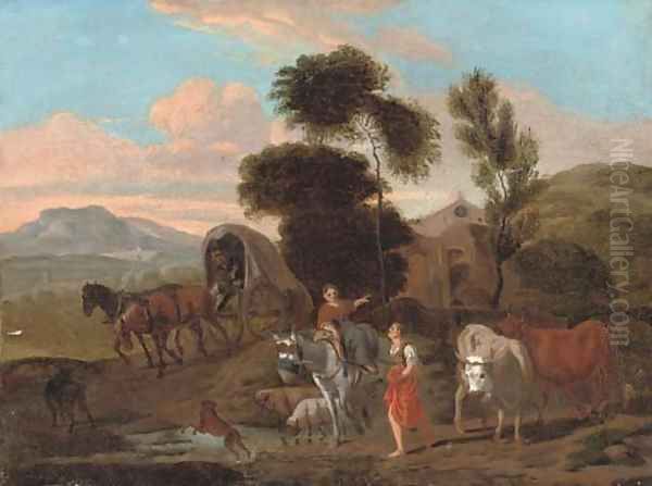 An Italianate landscape with travellers by a stream Oil Painting by Michiel Carree