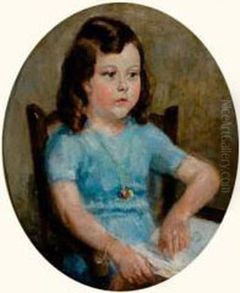 Portrait De Fillette A La Robe Bleue Oil Painting by Raymond Louis Lecourt