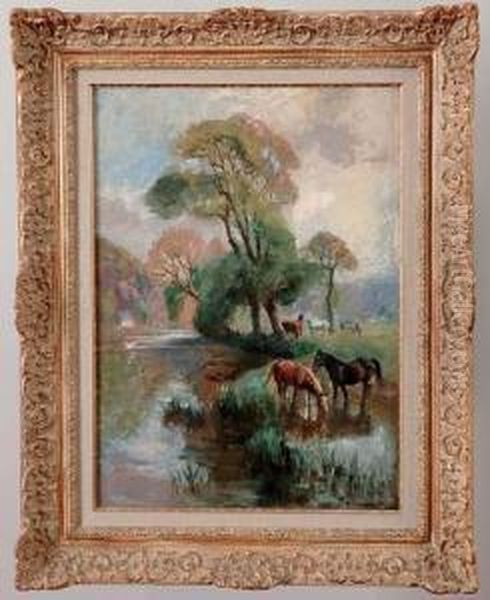 chevaux Au Bord De La Riviere Oil Painting by Raymond Louis Lecourt