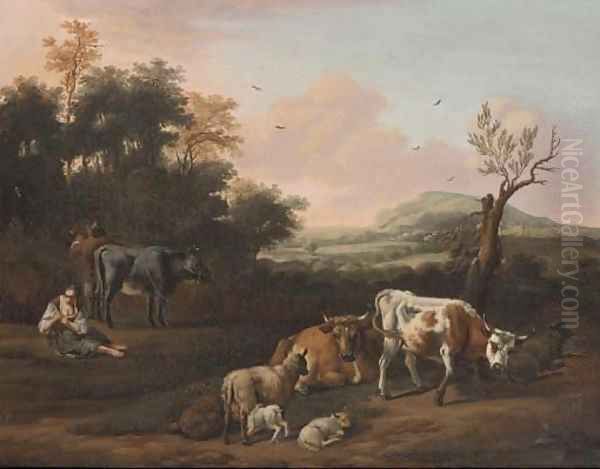 A drover, cattle and a shepherdess in an extensive landscape Oil Painting by Michiel Carree