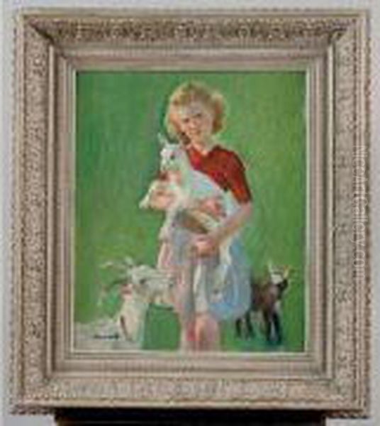 petite Fille Tenant Un Chevreau Dans Ses Bras Oil Painting by Raymond Louis Lecourt