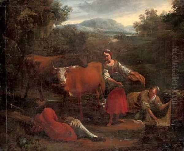 A river landscape with washerwomen conversing with a drover, his cattle beyond Oil Painting by Michiel Carree