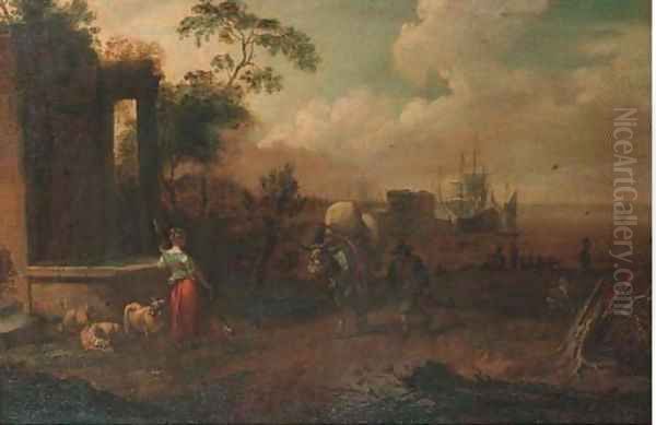 A Shepherdess and a muleteer by a wall, a harbour beyond Oil Painting by Michiel Carree