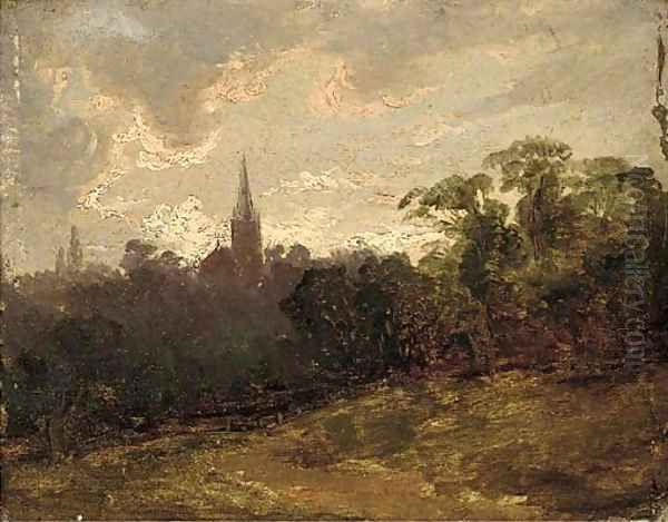 A wooded landscape with a church beyond Oil Painting by Thomas Churchyard