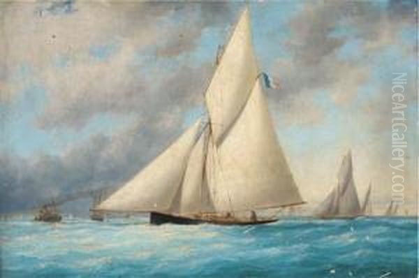 A French Regatta With A Racing Cutter Approaching The Finishing Line Oil Painting by Charles Leduc