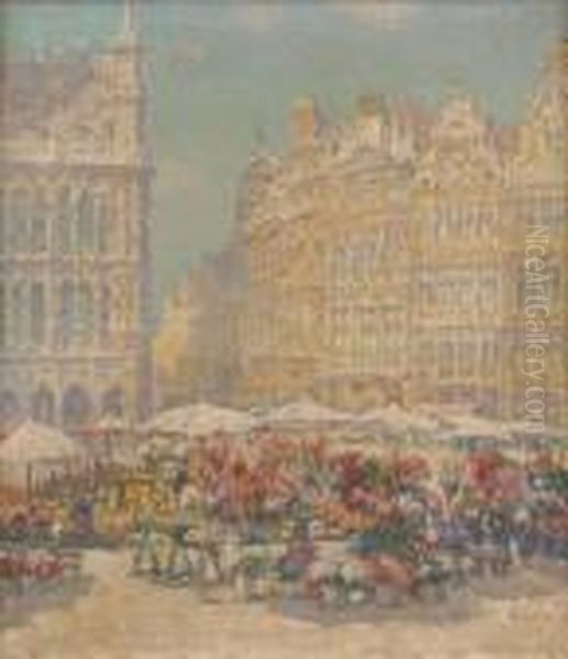 Marche Aux Fleurs A La Grand Place De Bruxelles Oil Painting by Paul Leduc