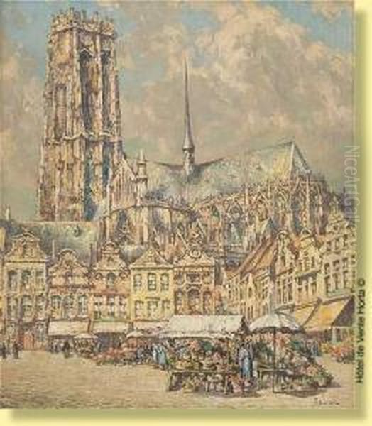 La Grand Place A Malines Oil Painting by Paul Leduc