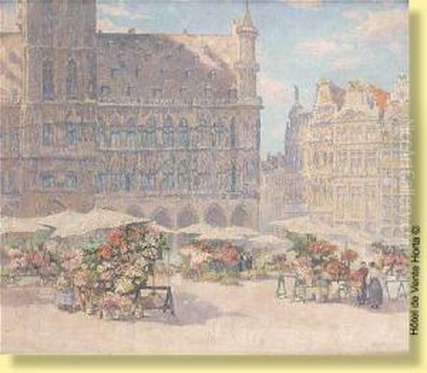 Marche Aux Fleurs A La Grand Place De
 Bruxelles Oil Painting by Paul Leduc