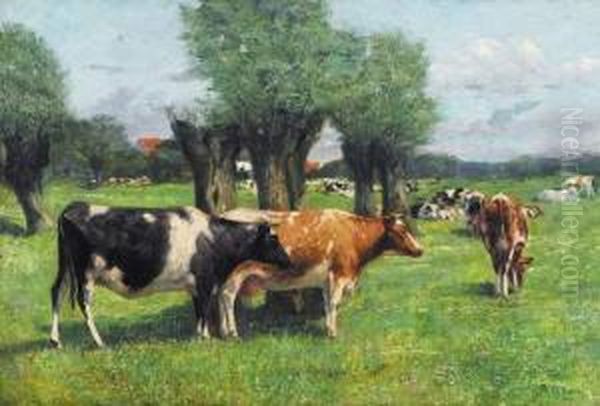 Zomerlandschap Met Koeien (1900) Oil Painting by Paul Leduc