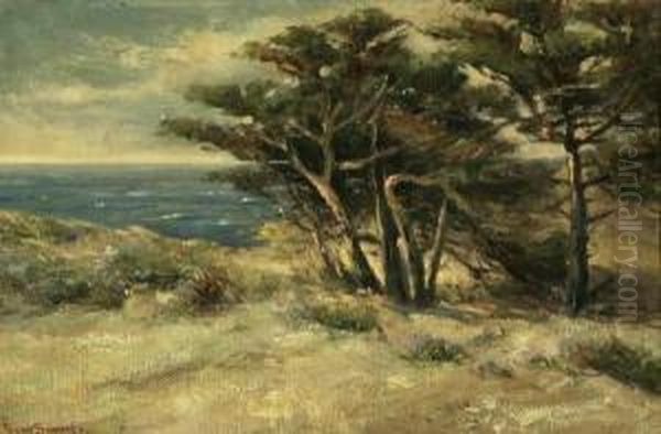 Cypress Trees And Sea Oil Painting by Bertha Stringer Lee