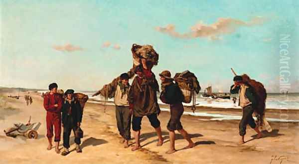 The returning fishermen Oil Painting by Felix Cogen