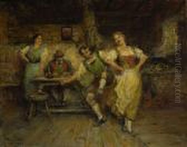 Lustige Unterhaltung In Der Bauernstube. Oil Painting by Ferdinand Leeke