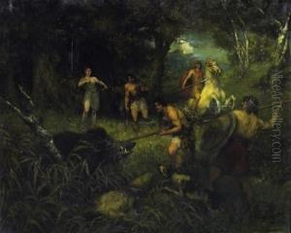 Wild Boar Hunt. Signed Bottom Right: Ferdinand Leeke Munchen Oil Painting by Ferdinand Leeke