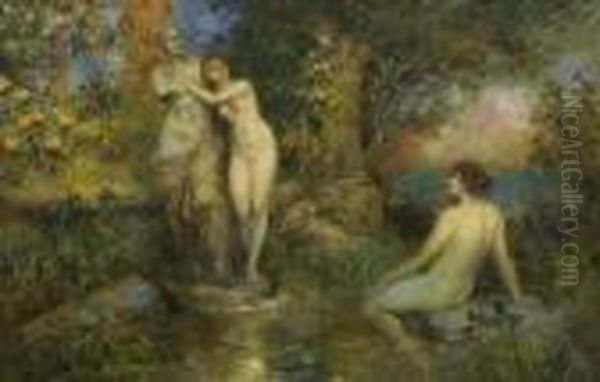 Zwei Nymphen Bei Einer
 Statue Oil Painting by Ferdinand Leeke