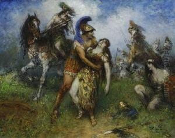 Achilles Mit Der Sterbenden
 Amazonenkonigin Penthiselea. Oil Painting by Ferdinand Leeke