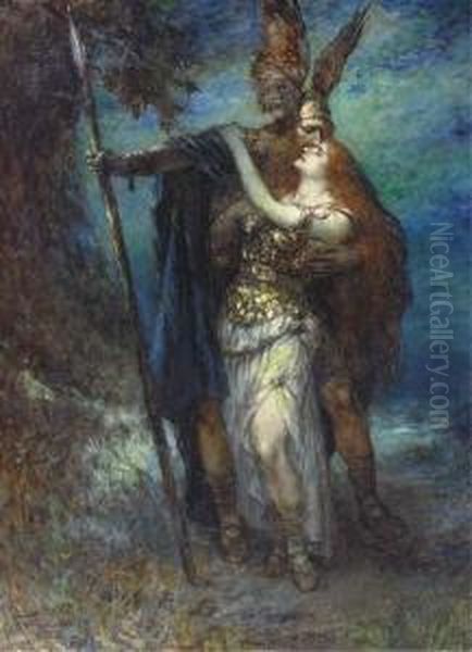 Wotan And Brunnhilde Oil Painting by Ferdinand Leeke