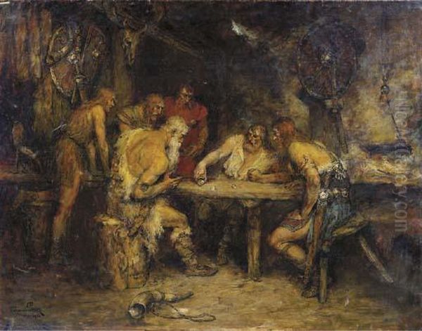 A Viking's Game Oil Painting by Ferdinand Leeke