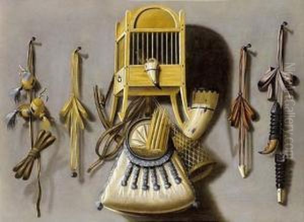 Trompe-l'oeil Hunting Still Life Oil Painting by Johannes Leemans