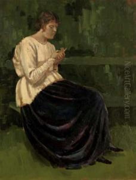 Lyndra In A White Smock Oil Painting by Derwent Lees