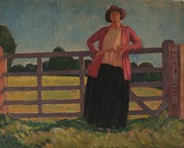 Lyndra At Aldbourne (the Red Jacket) Oil Painting by Derwent Lees