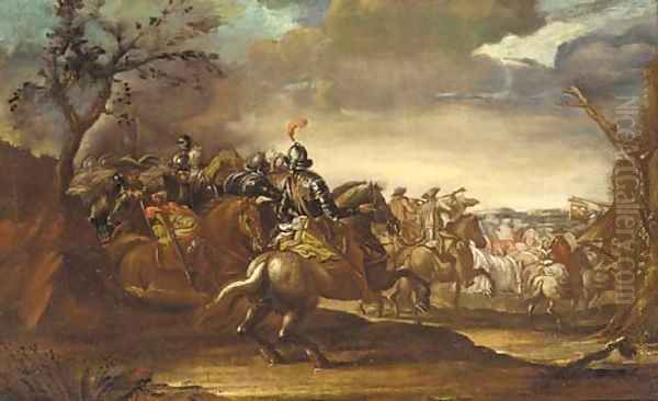 Cavalry marching by a country inn Oil Painting by Antonio Calza